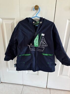 Children's Navy Rain Jacket with Green Accents and Hood